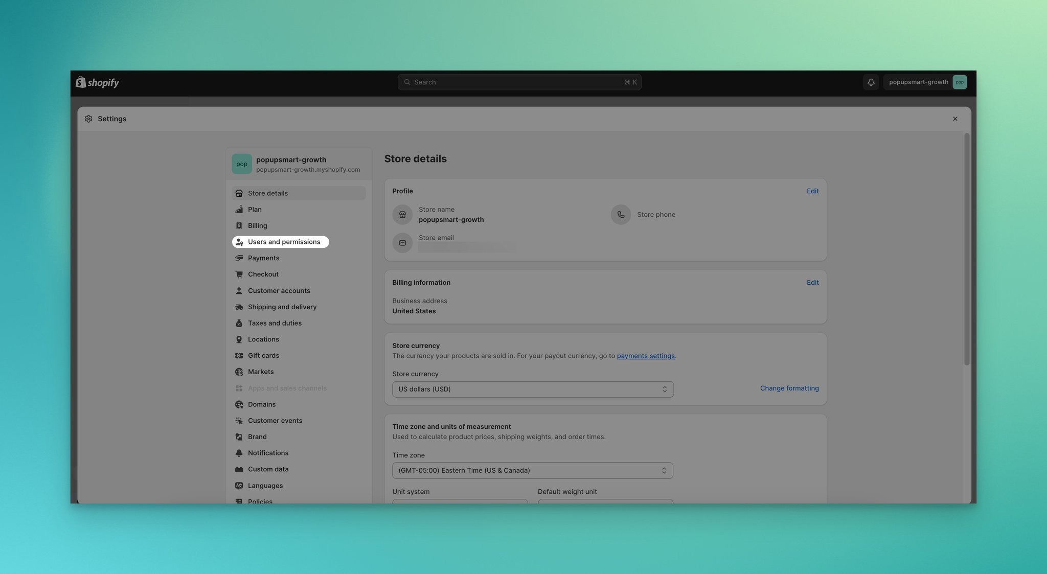 Shopify ayarlar sayfasında 'Kullanıcılar ve izinler' tıklanırken çekilmiş ekran görüntüsü