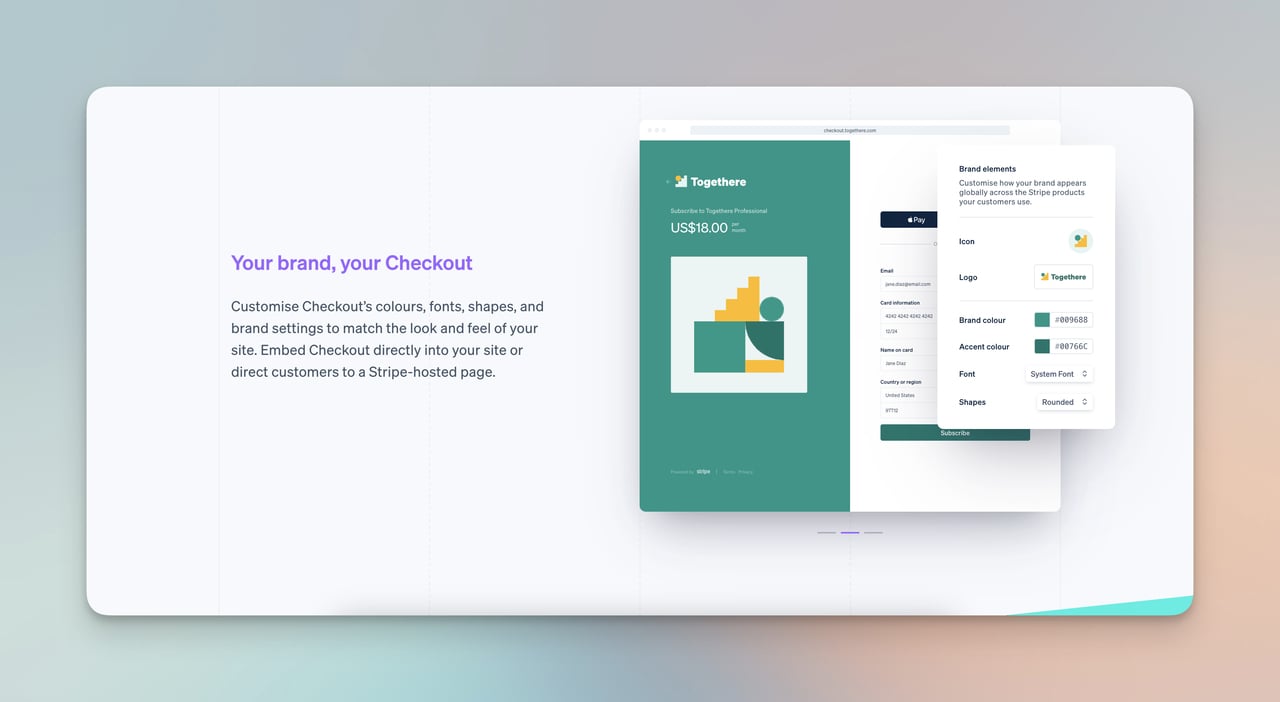 Example image and explanation about the ability to personalize the logo for brands on Stripe's website page