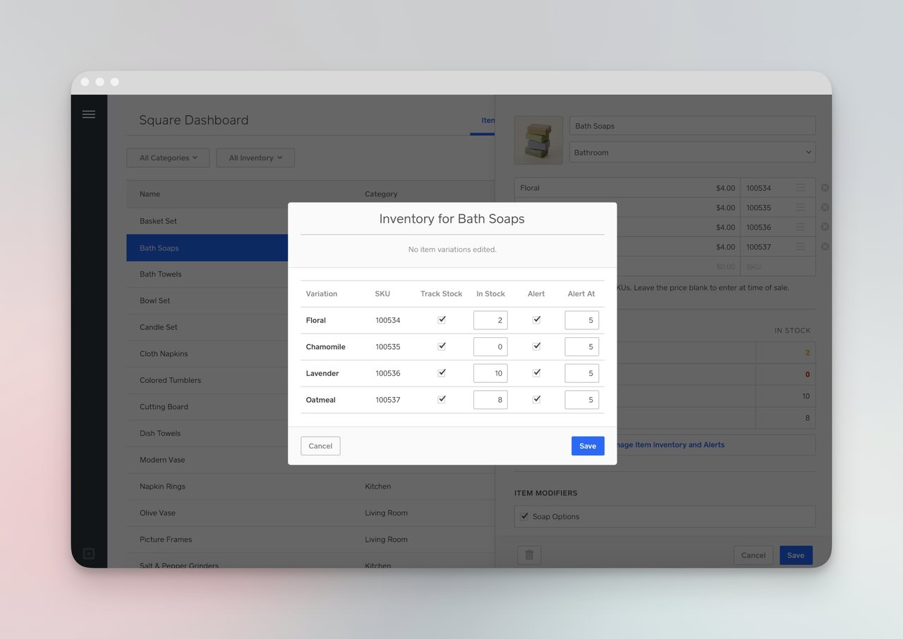 square's inventory management feature image on their website page