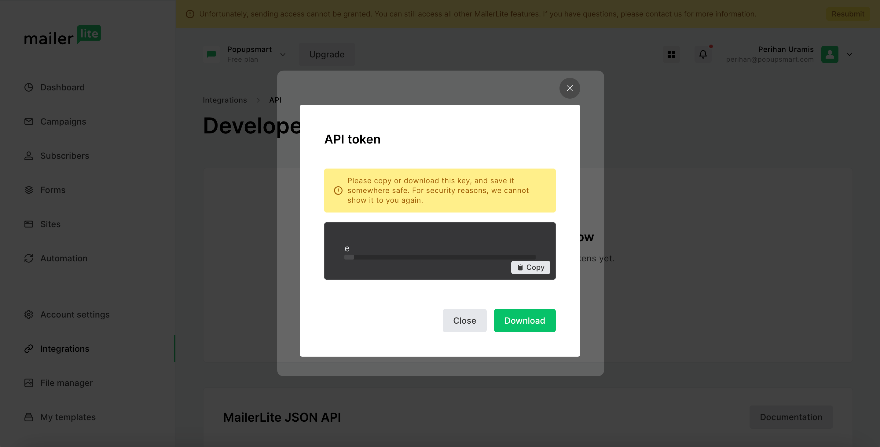 Popupsmart - Copy API Token MailerLite