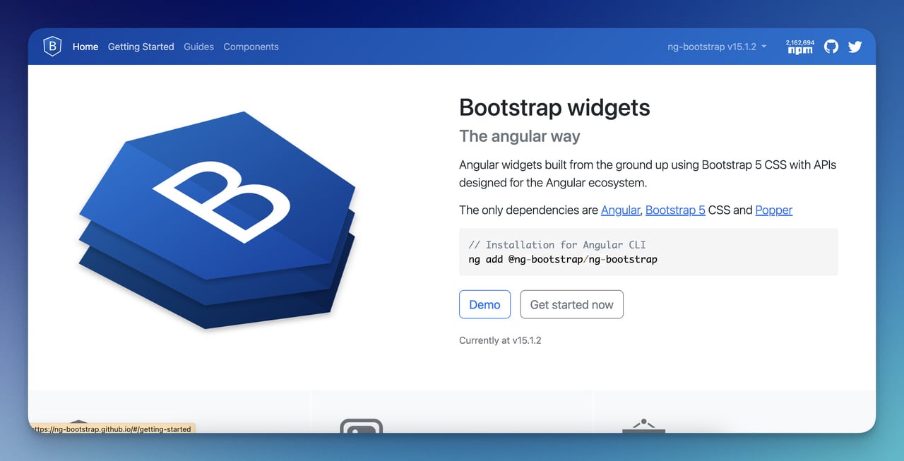 Angular-powered Bootstrap landing page showing the Ng-bootstrap component library homepage