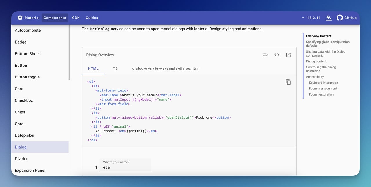 MatDialog overview in the components section of the Angular Material website showing dialog code examples
