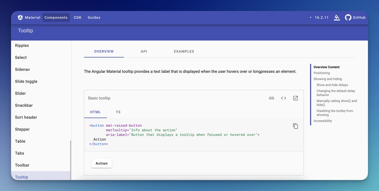 Basic tooltip overview in the components section of the Angular Material website showing tooltip code examples