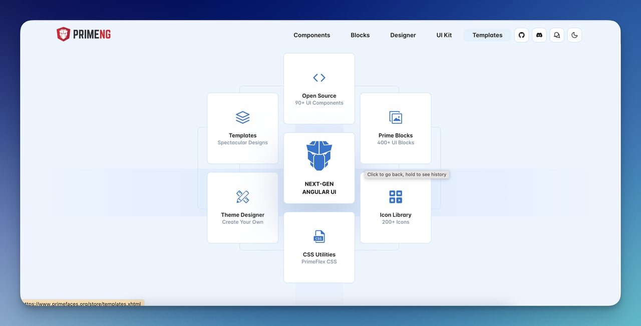 PrimeNG Angular UI components page showing the official component library catalog