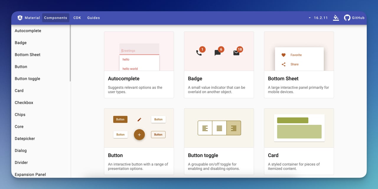 Angular website page showing a variety of Material components in the official documentation