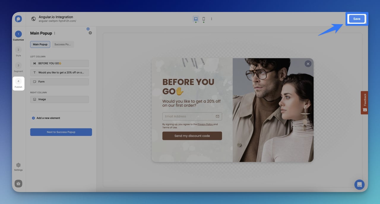 Popup creation step on Popupsmart for an Angular website showing the visual editor and template playbook