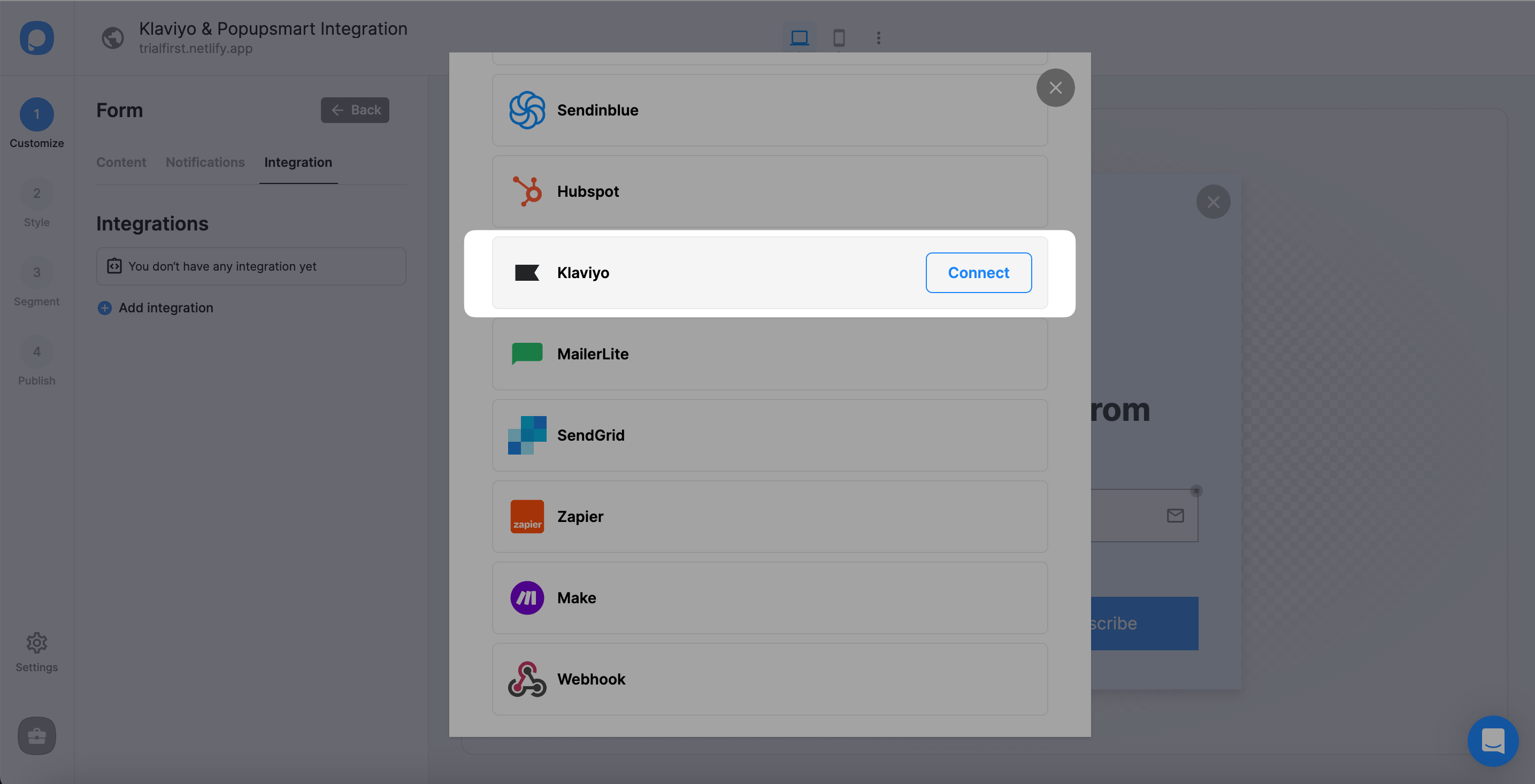 Connect Klaviyo in Popupsmart
