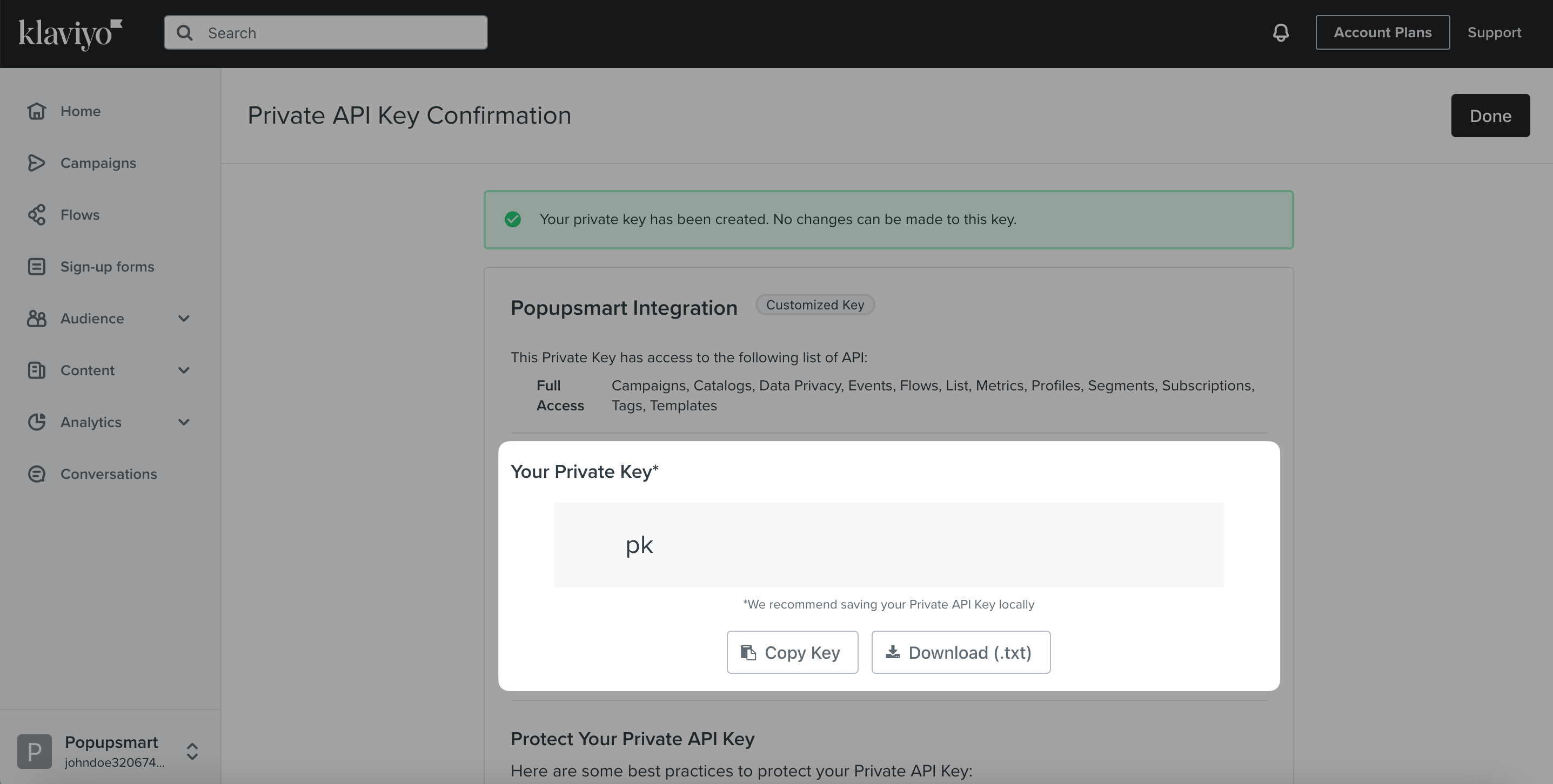 Copy the Klaviyo API key