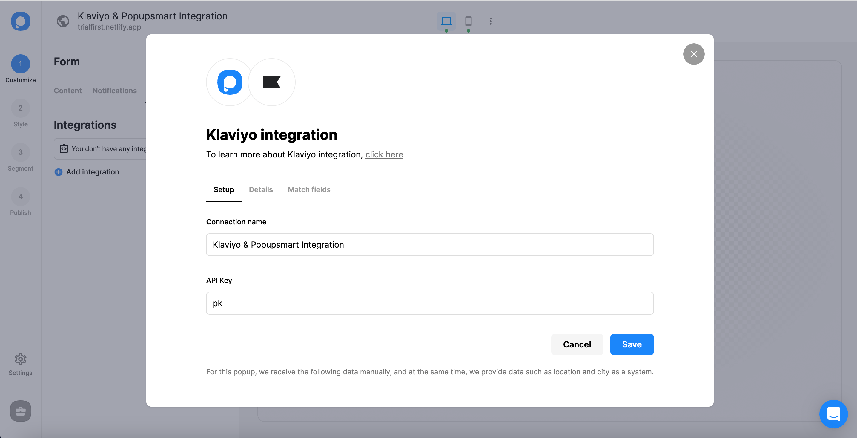Save the Klaviyo connection in Popupsmart