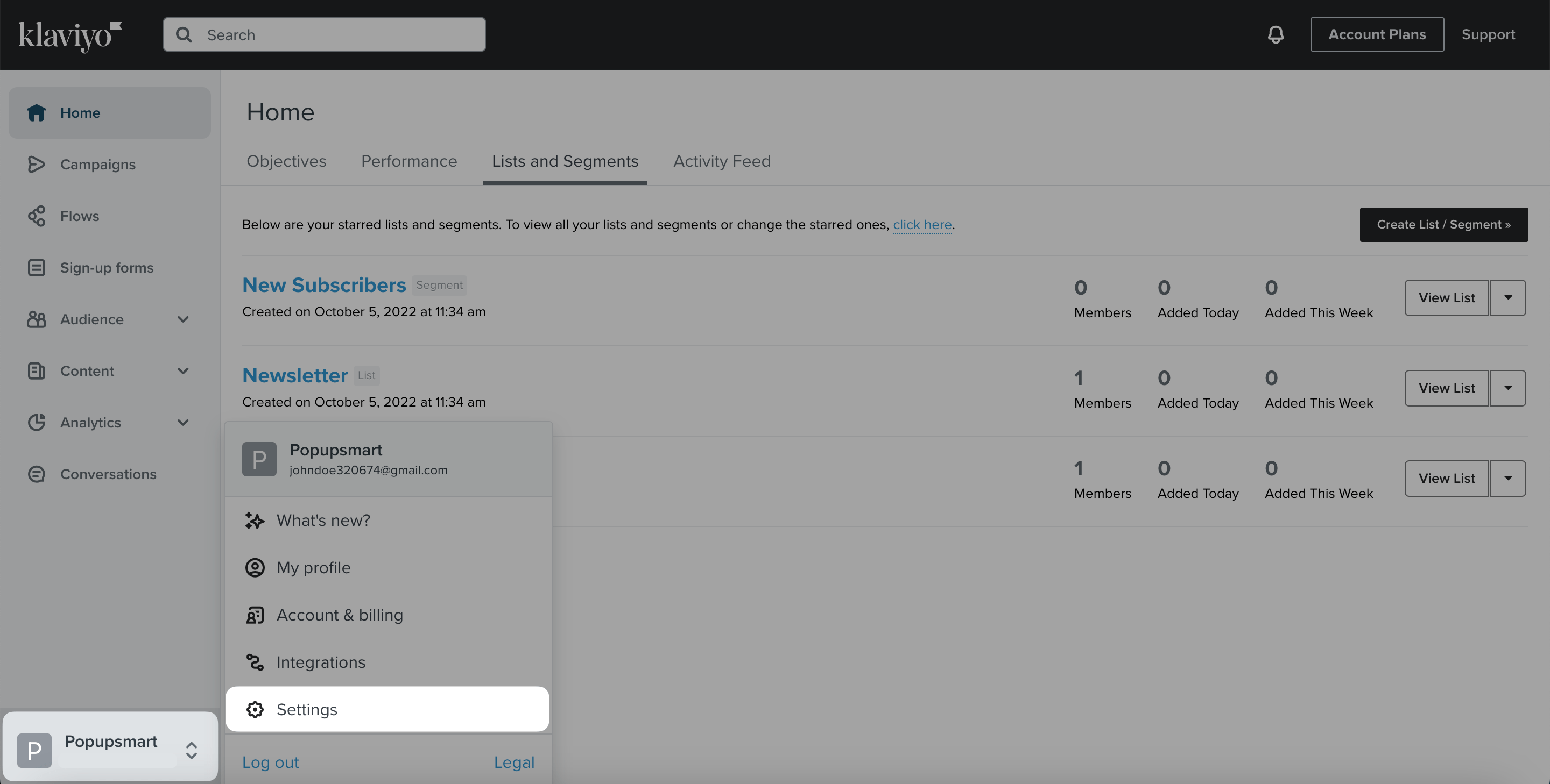 Klaviyo settings menu