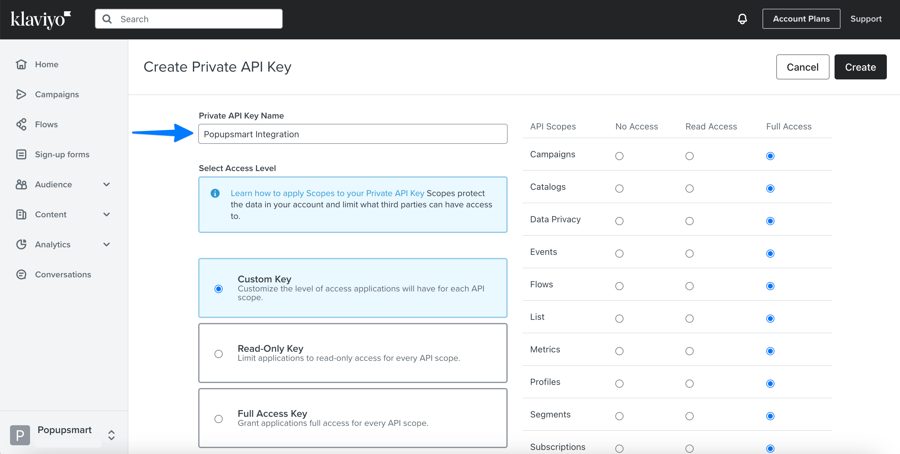 Configure the private API key scopes