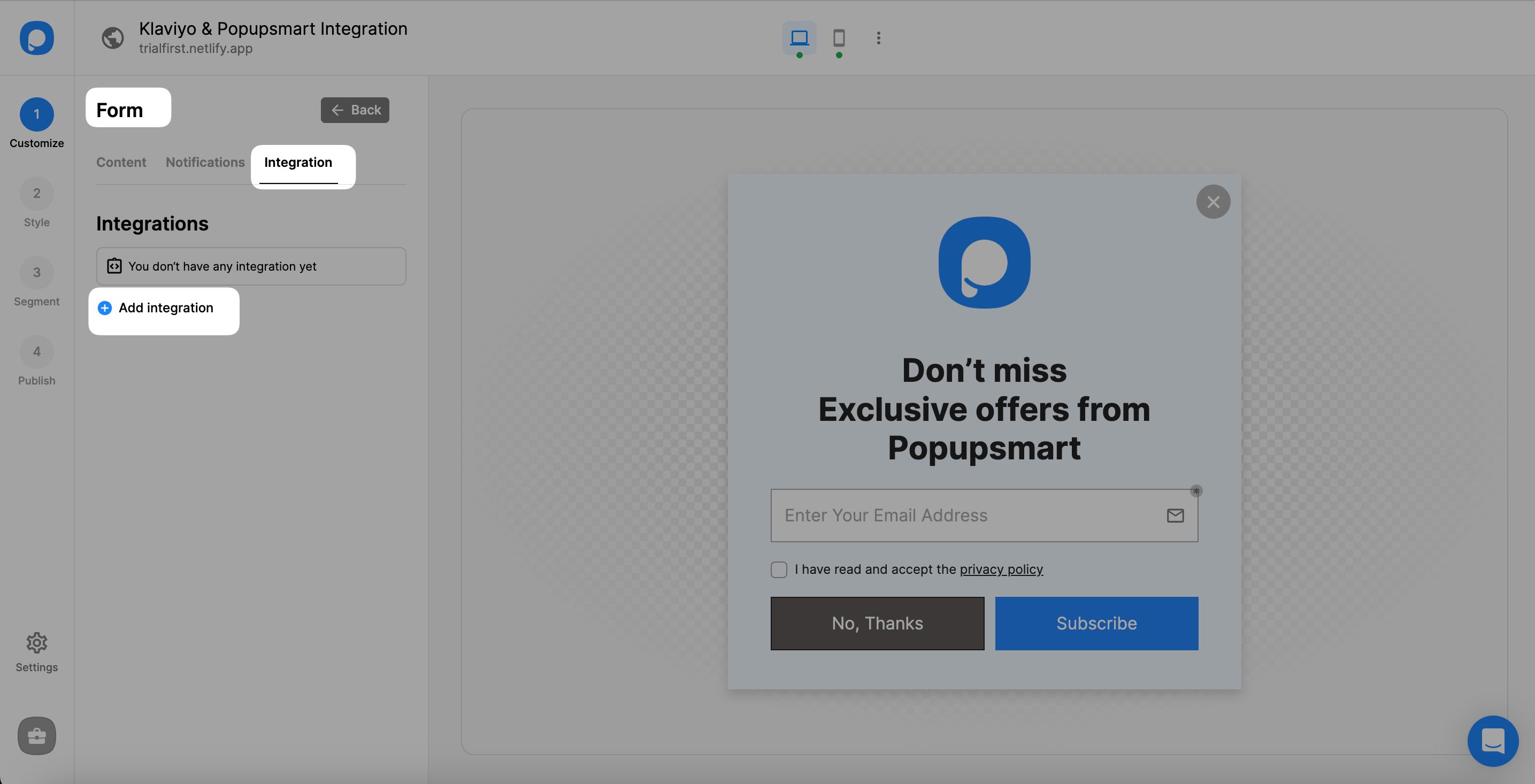Add Integration in Popupsmart