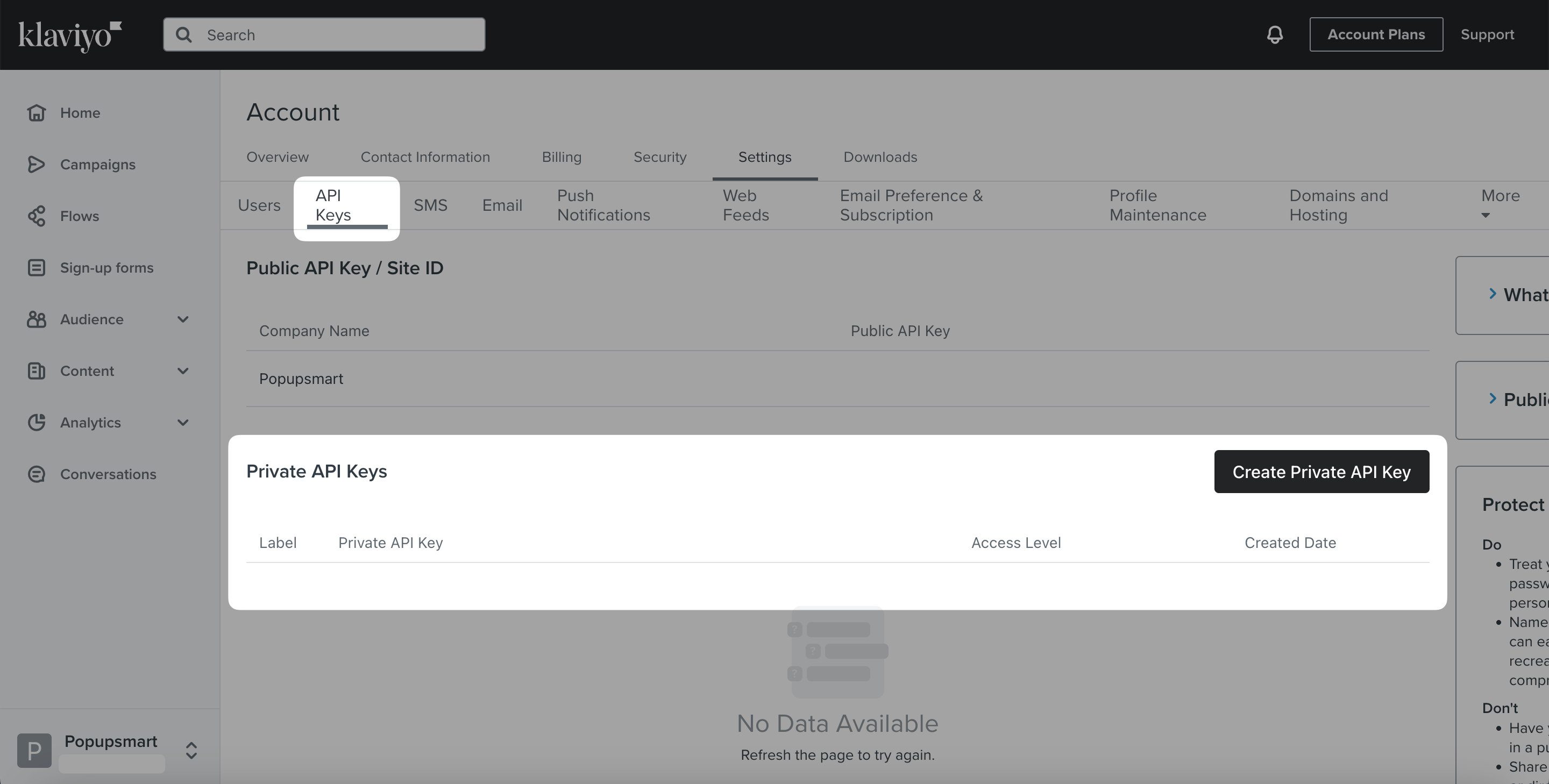 Create Private API Key in Klaviyo