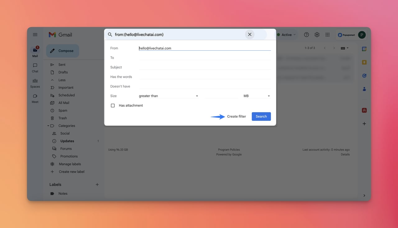 Gmail üzerinde belirli bir e-posta için filtre oluşturma ekran görüntüsü