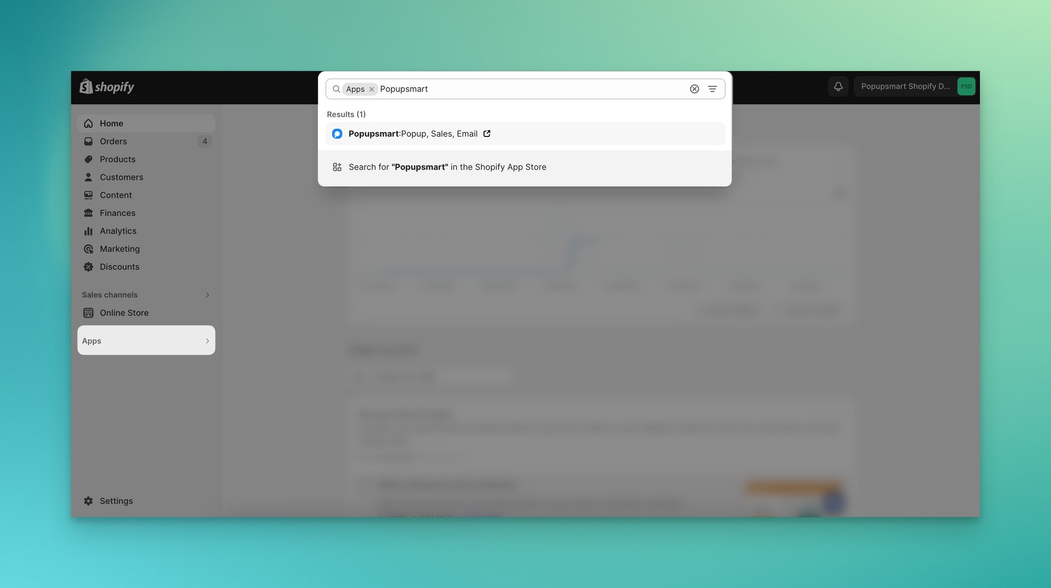 Searching for Popupsmart app in the Shopify admin panel app store
