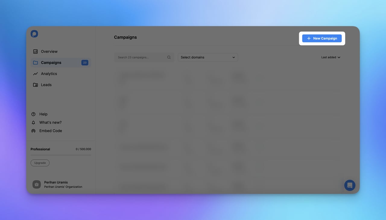 new campaign button on Popupsmart dashboard