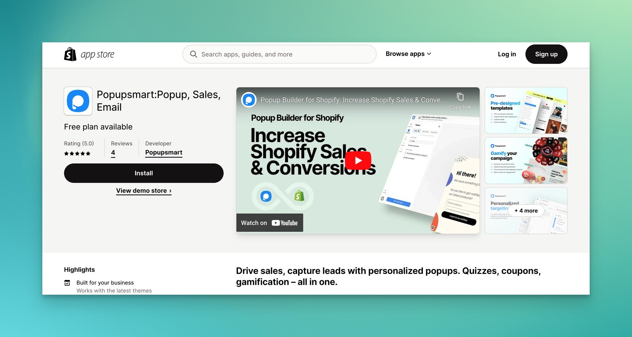 Shopify Uygulama Mağazasında Popupsmart uygulamasının ekran görüntüsü
