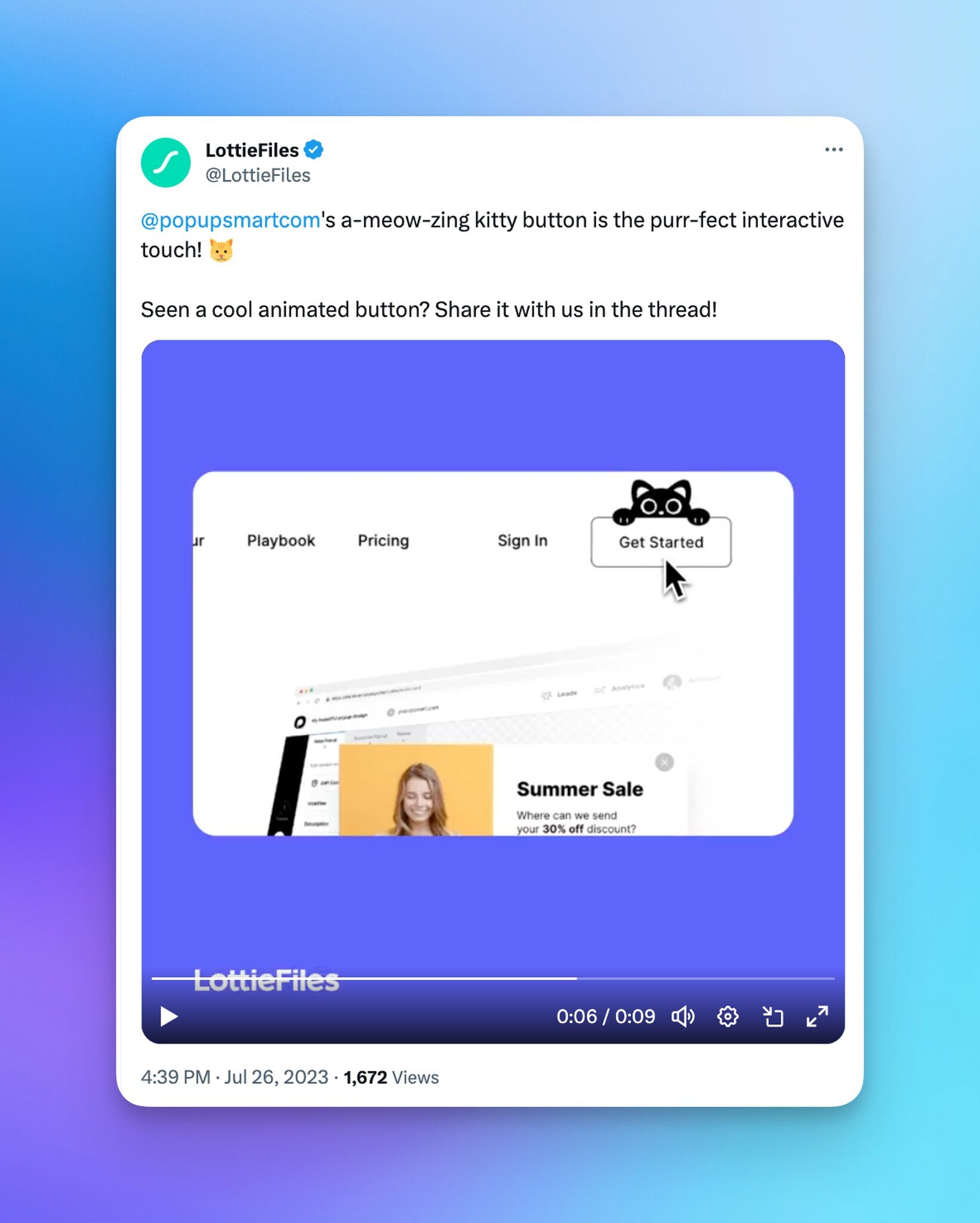 LottieFiles'in Popupsmart’ın başlangıç butonunu mentionladığı bir tweet