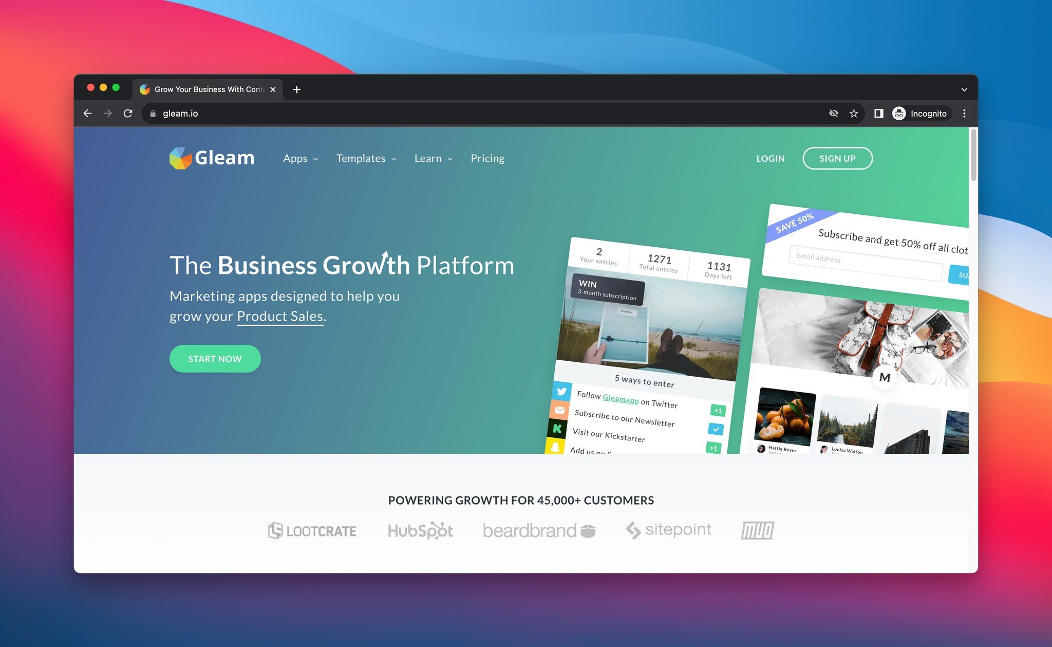 Screenshot of Gleam's homepage - a giveaway tool