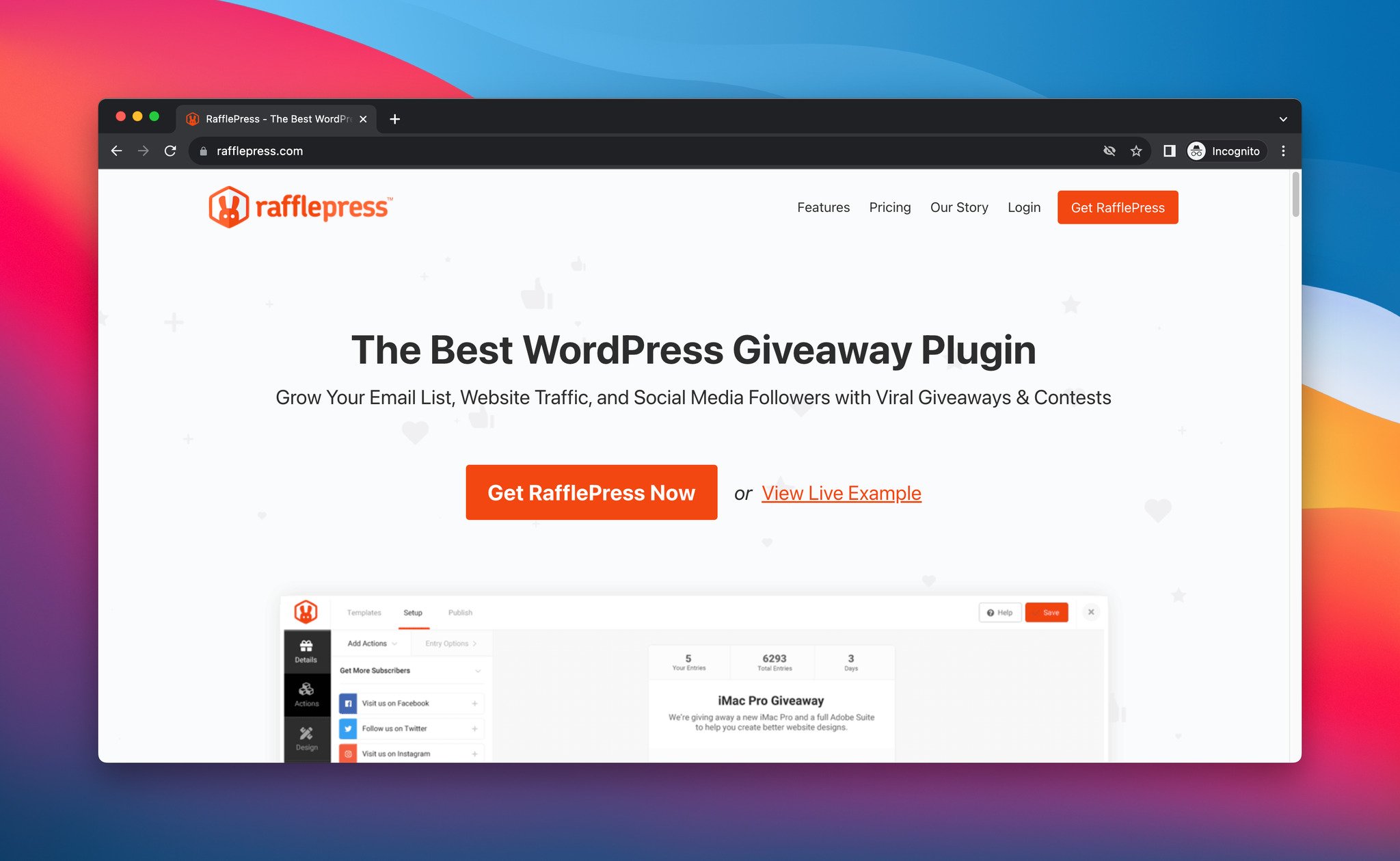 Screenshot of RafflePress's home page, this is a raffle tool