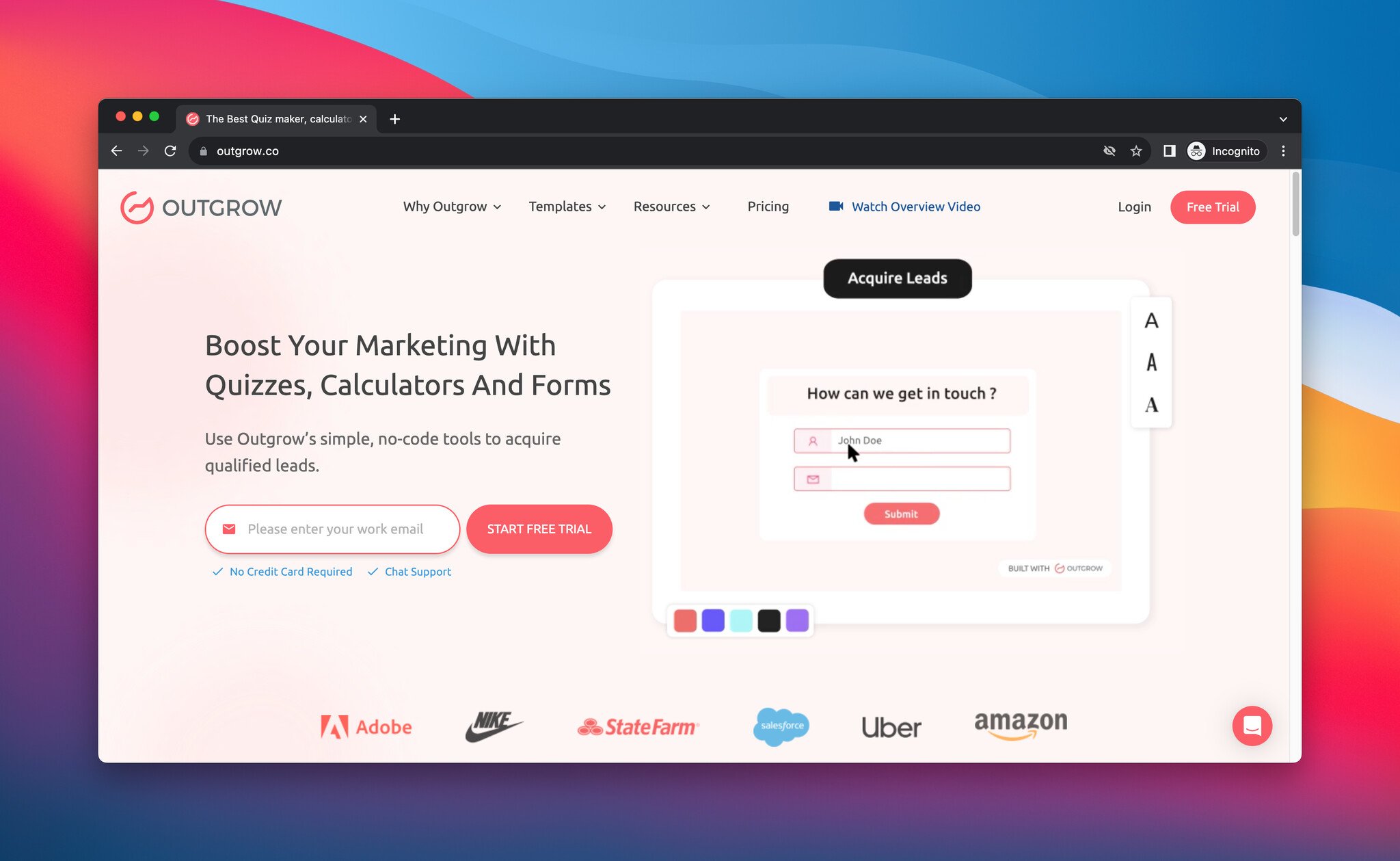 Screenshot of the landing page of Outgrow, the reward tool