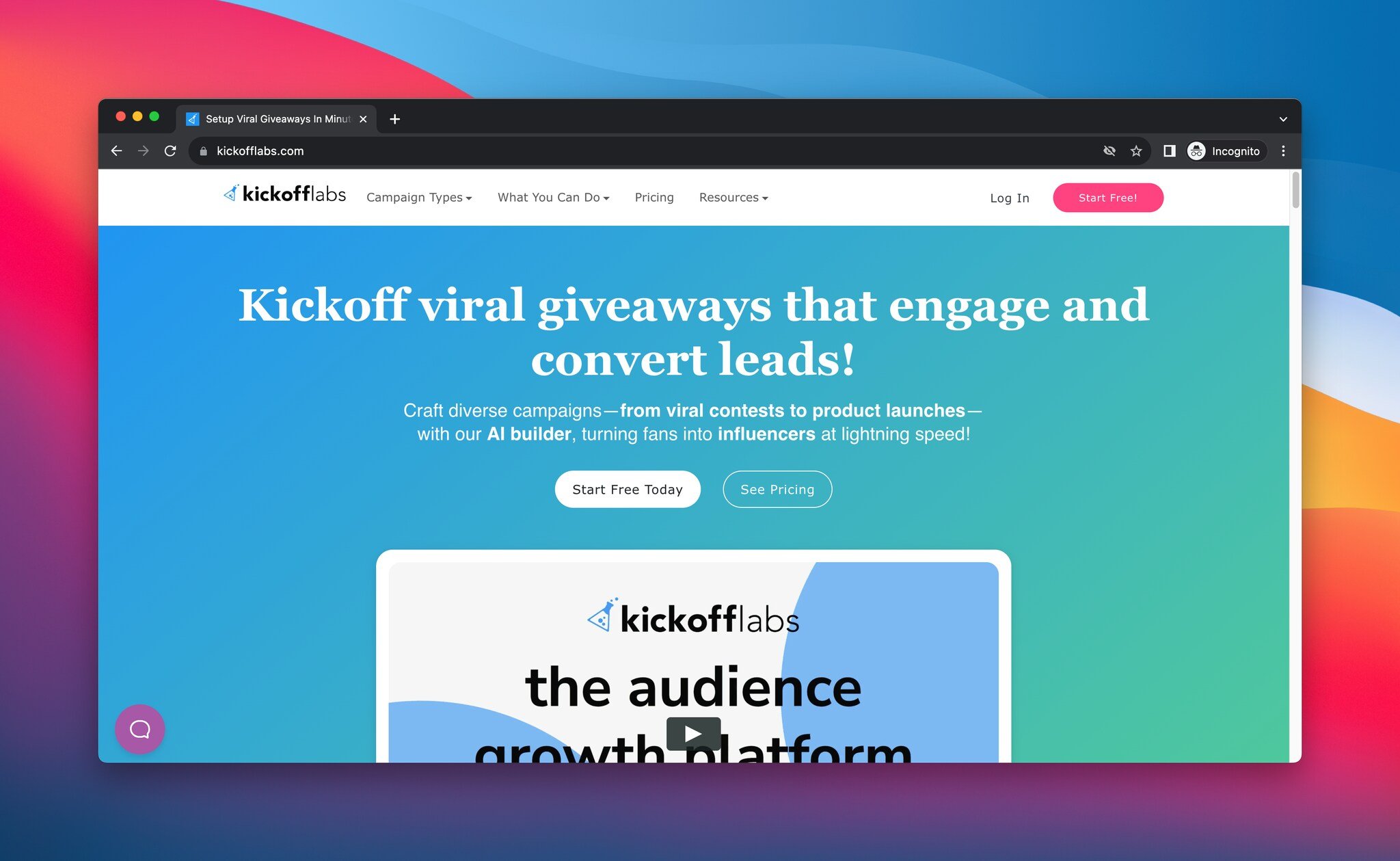 Screenshot of KickoffLabs' homepage, a giveaway tool