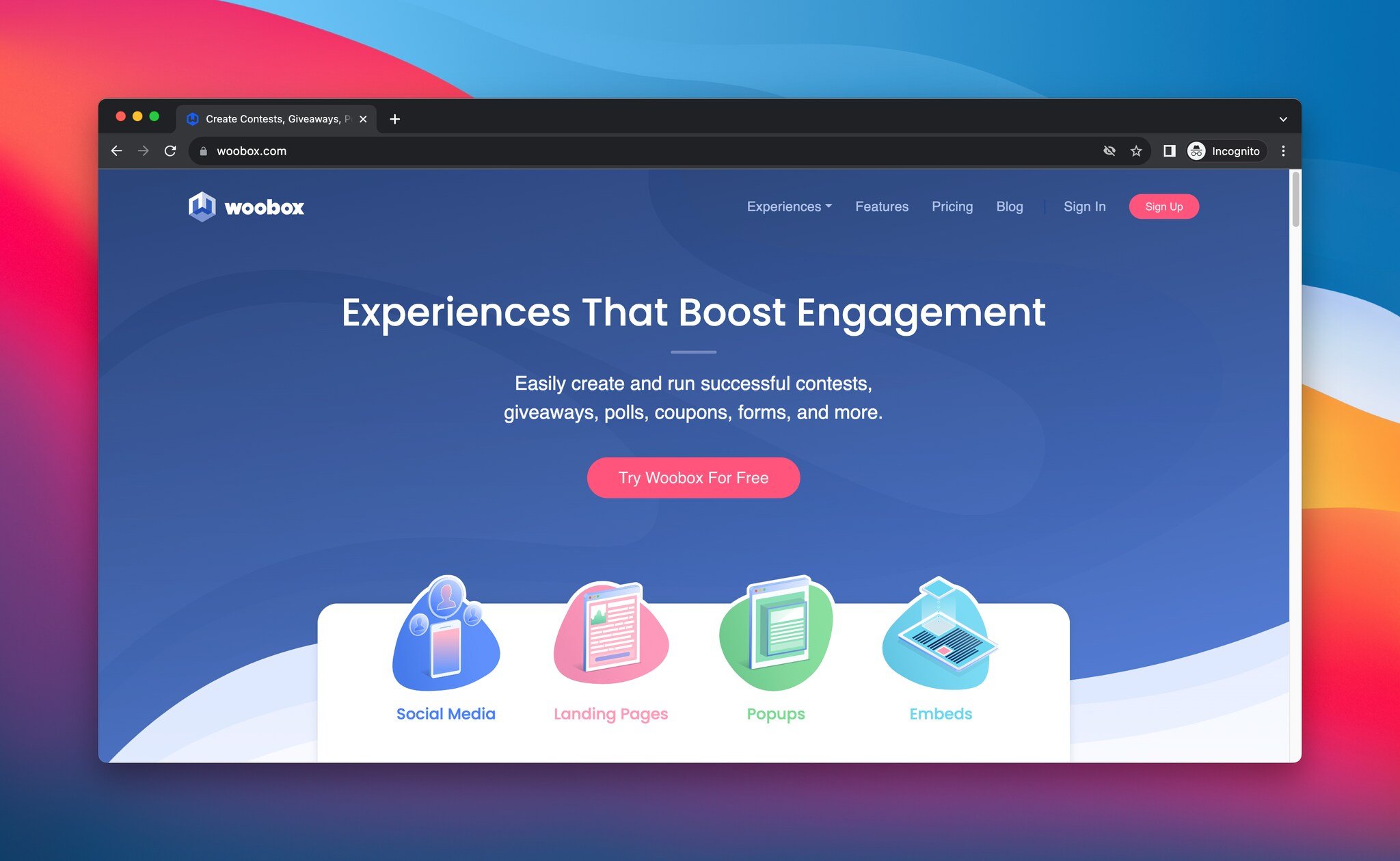Screenshot of Woobox's landing page, this is a giveaway tool