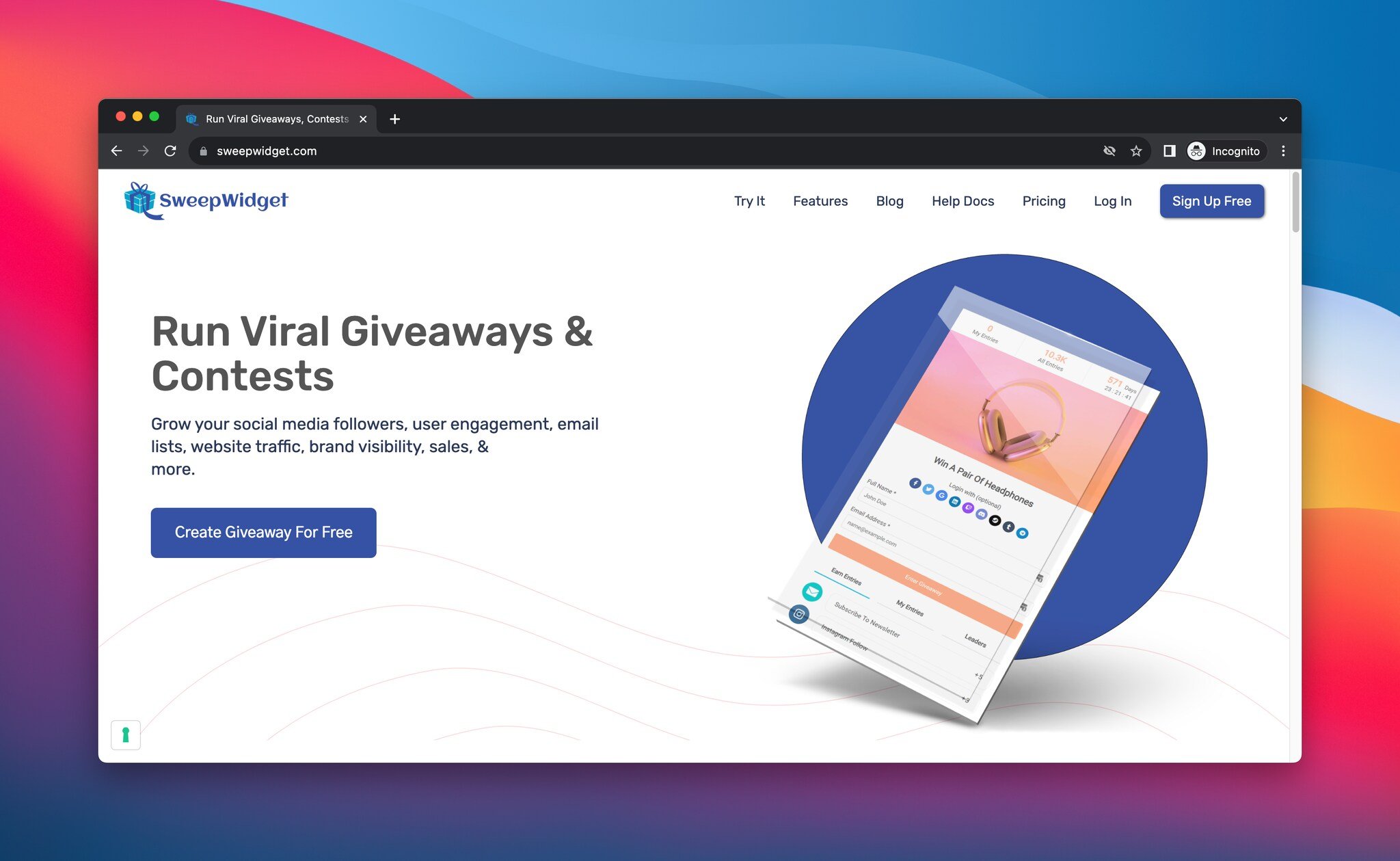 Screenshot of SweepWidget's home page, this is a giveaway tool