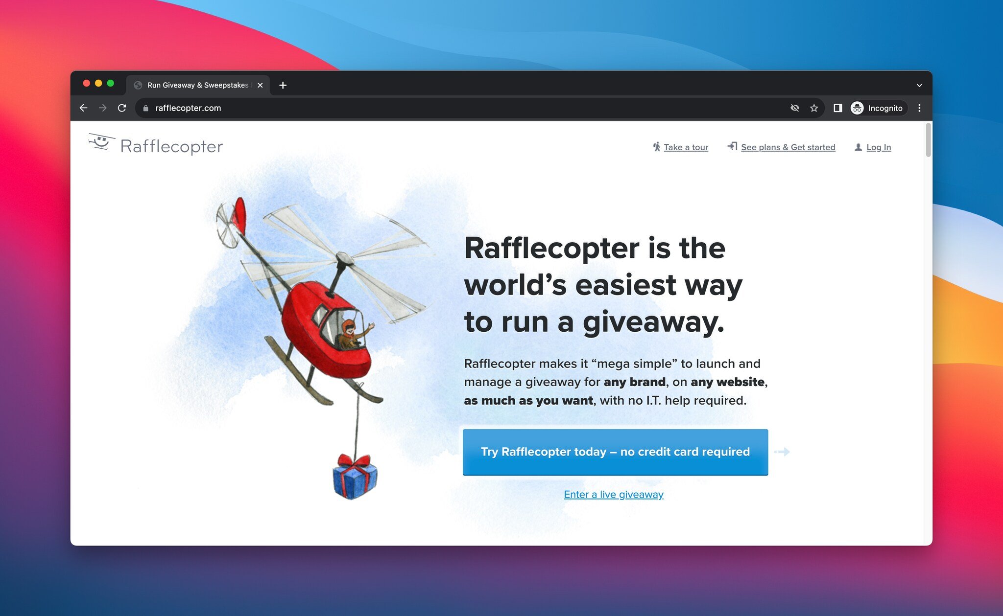 Screenshot of Rafflecopter's landing page, a giveaway tool