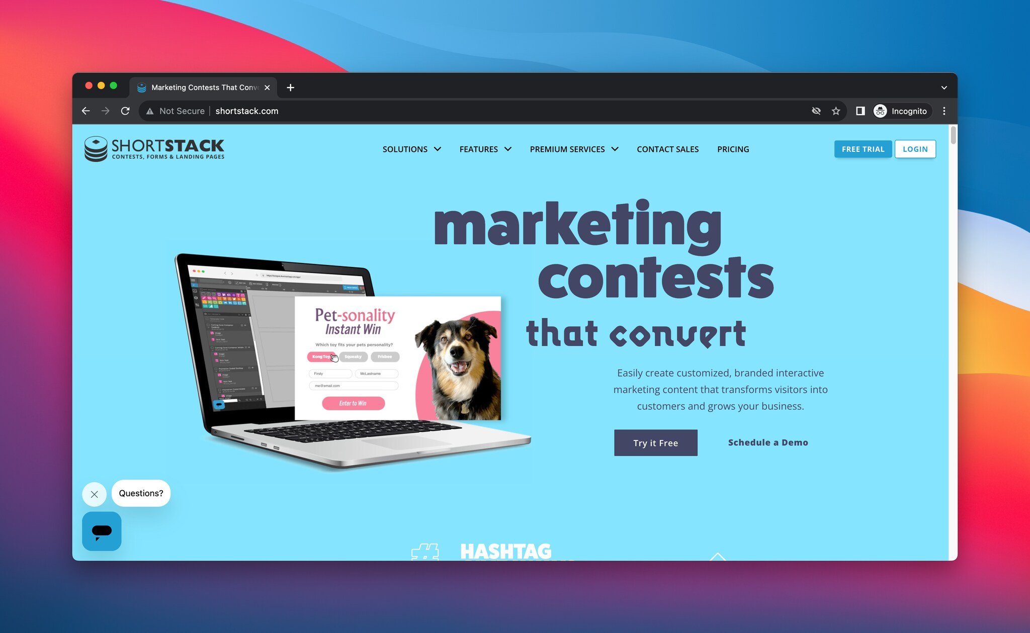 A screenshot of ShortStack's homepage, a platform used as a giveaway tool