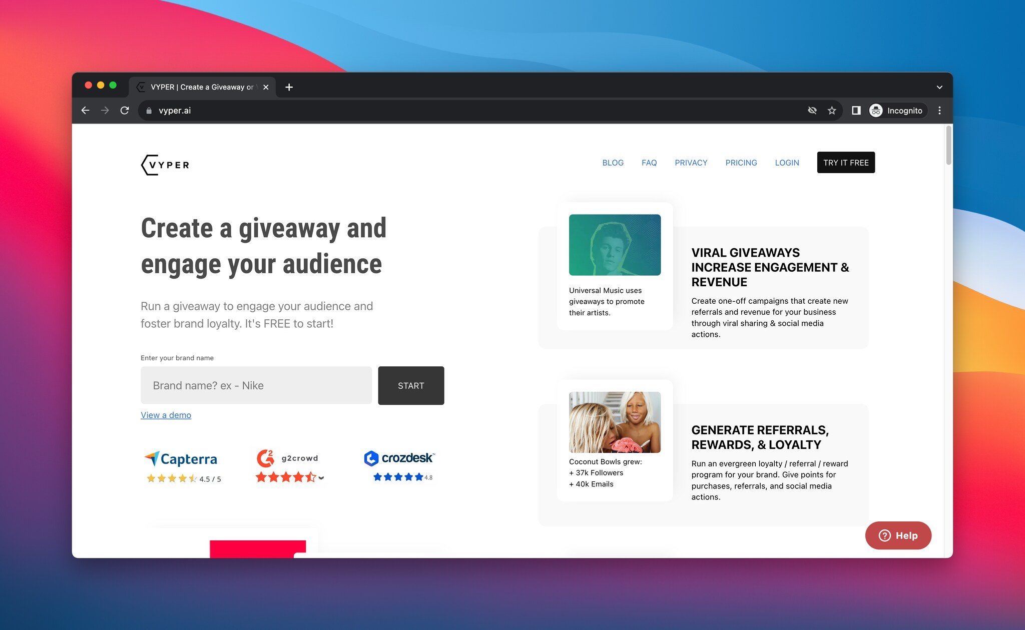 Screenshot of Vyper's home page, this is a giveaway tool