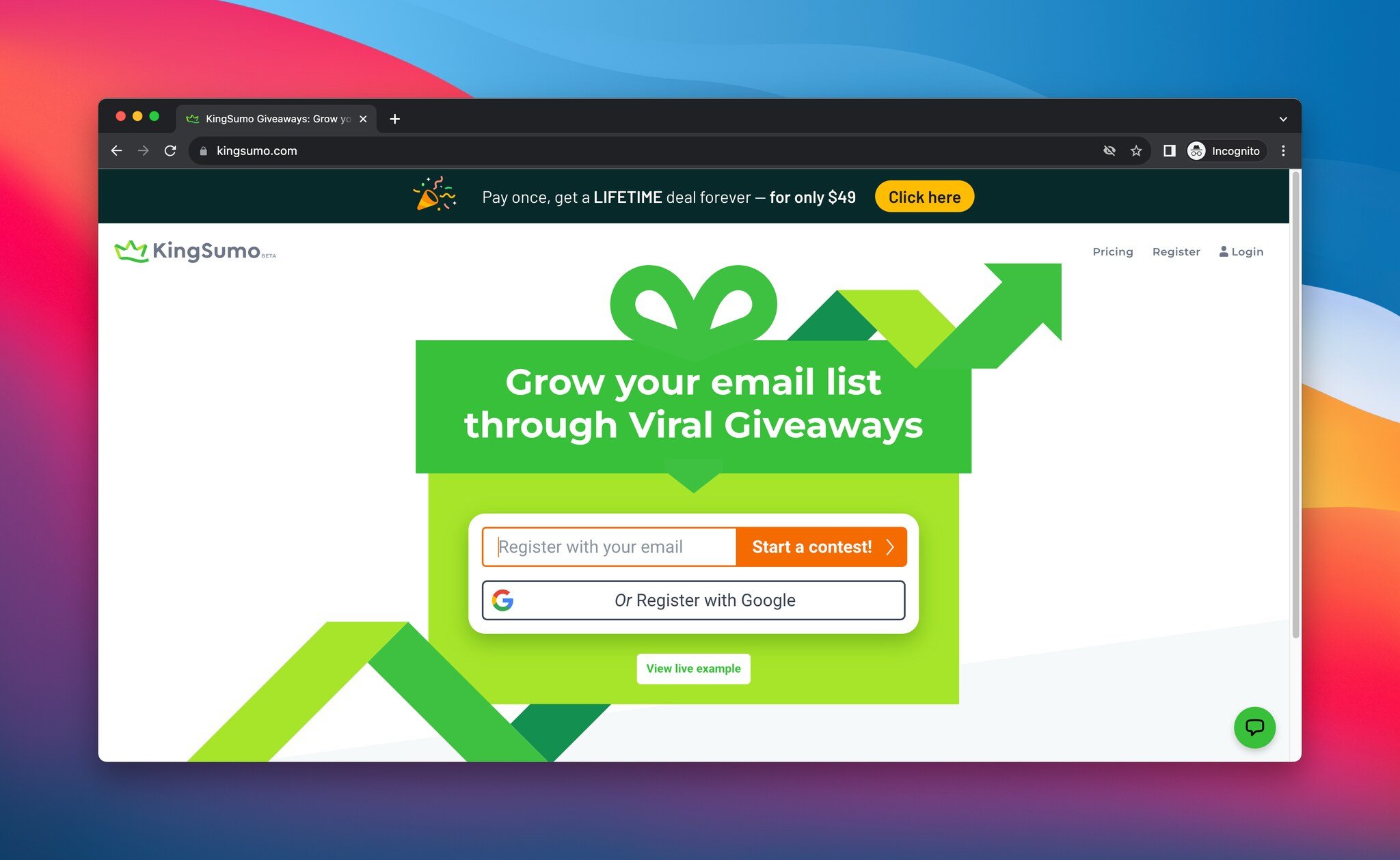 Screenshot of KingSumo's homepage, this is a giveaway tool