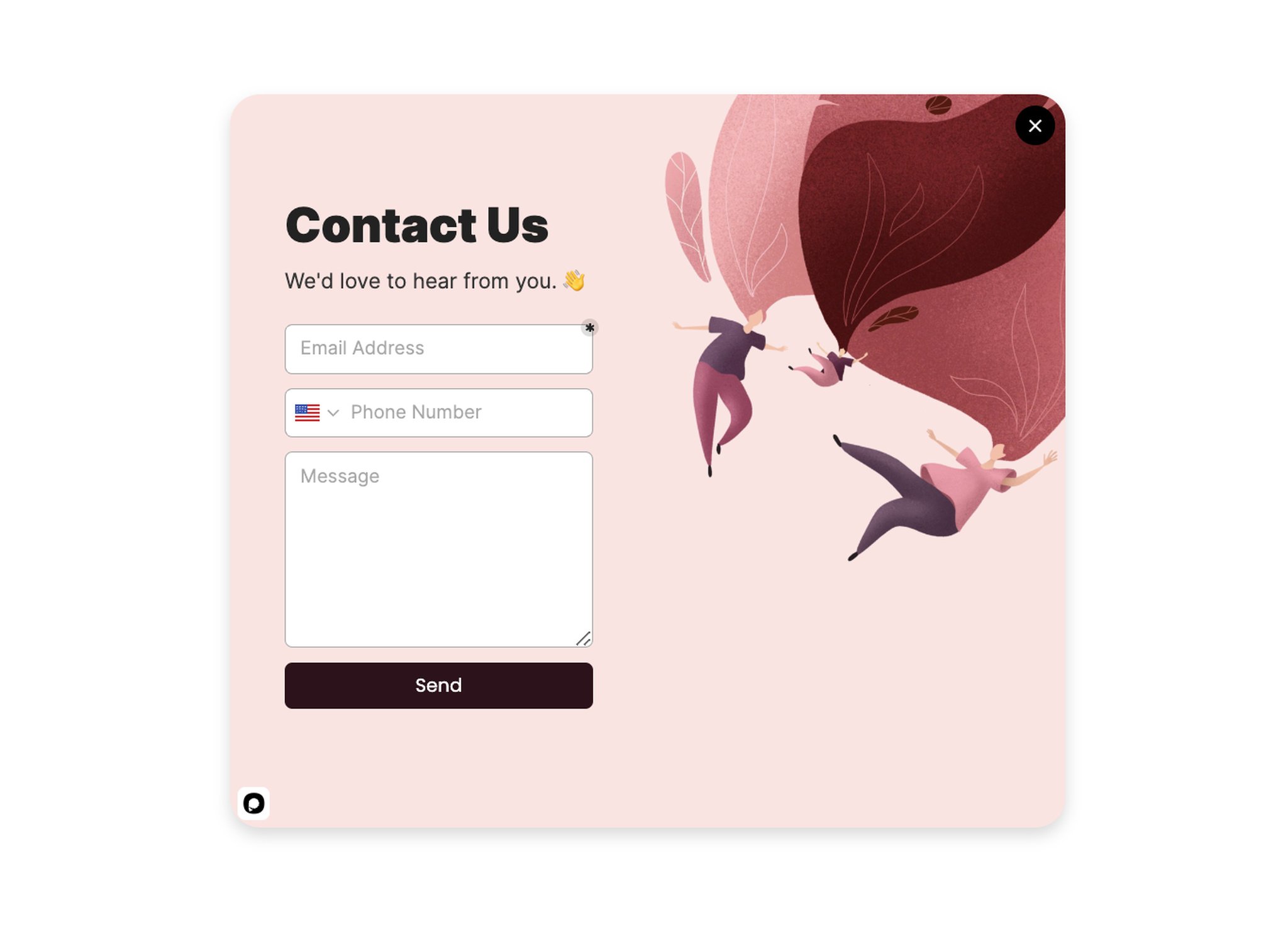 Feedback popup with a Contact us heading and email address, phone number, and message fields for collecting lapsed customer reasons