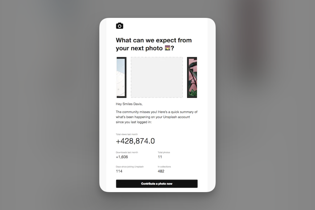 Personalized win-back email example with the headline What can we expect from your next photo and an empty frame placeholder for the customer's last order