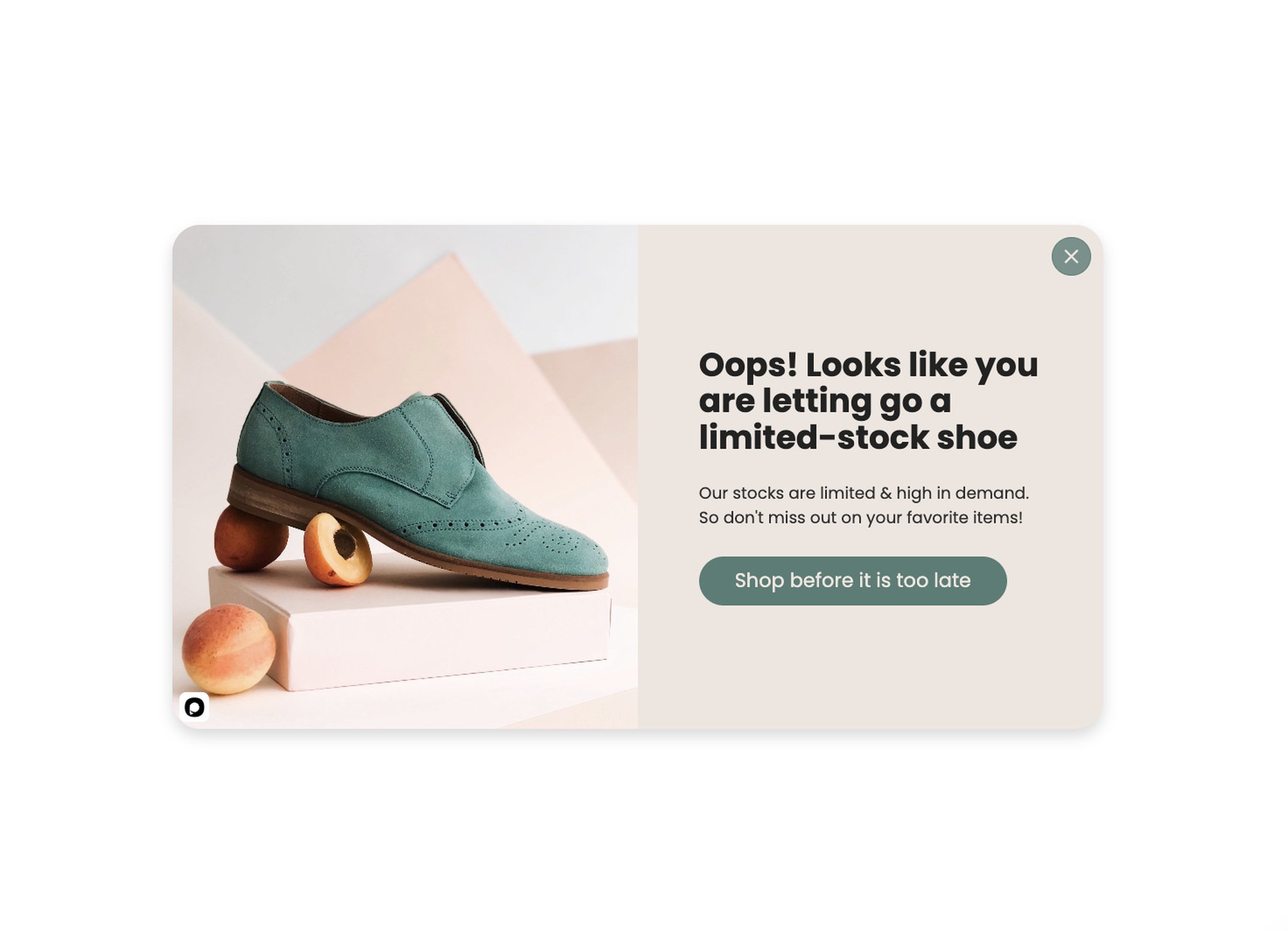 Limited time offer popup with a green shoe image and the text Oops Looks like you are letting go of a limited stock shoe for win-back urgency