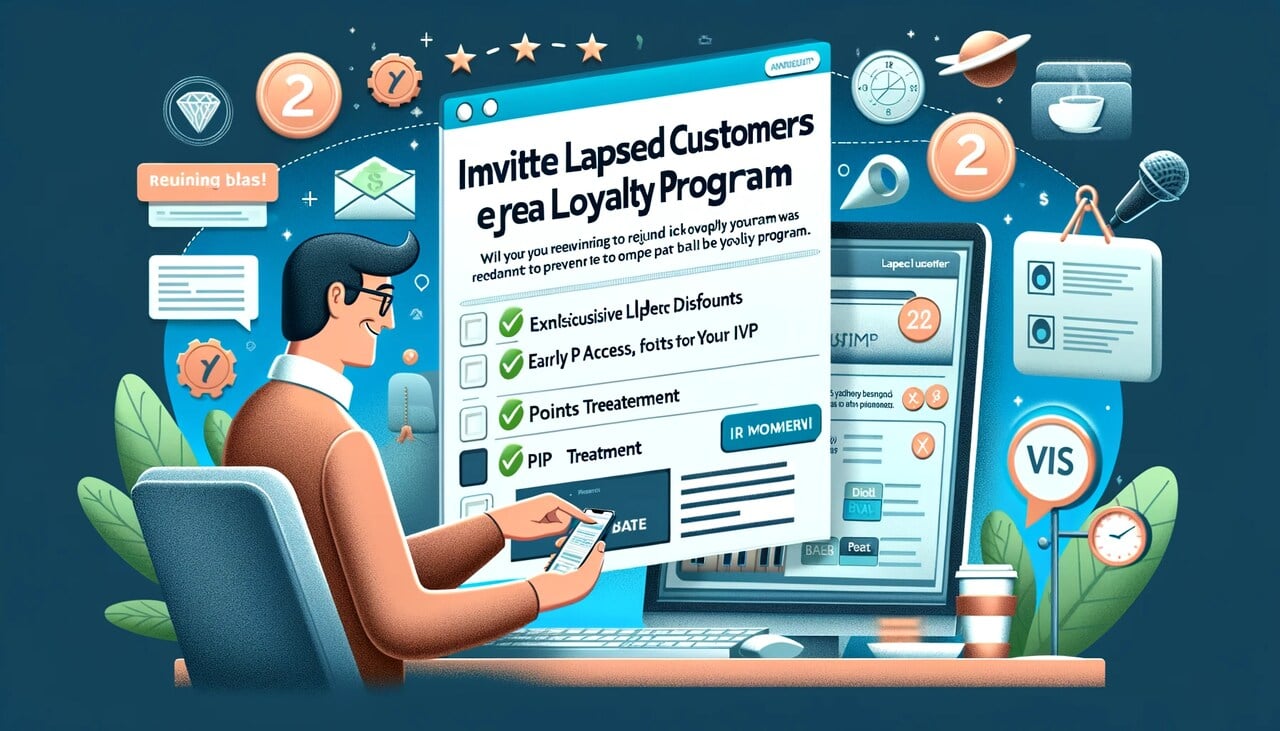 Illustration of a loyalty program revival campaign targeting lapsed customers with points reminders and tier upgrades