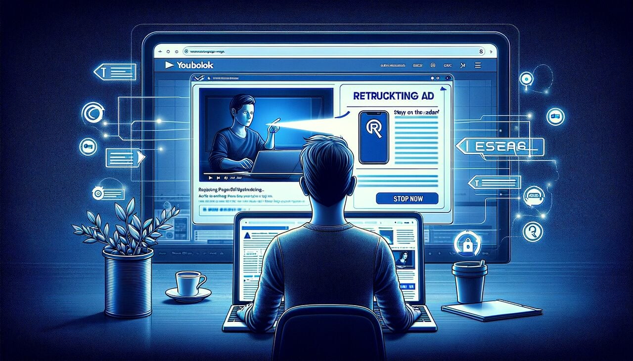 Illustration of a person setting up retargeting ads to win back lapsed website visitors across browser and social feeds