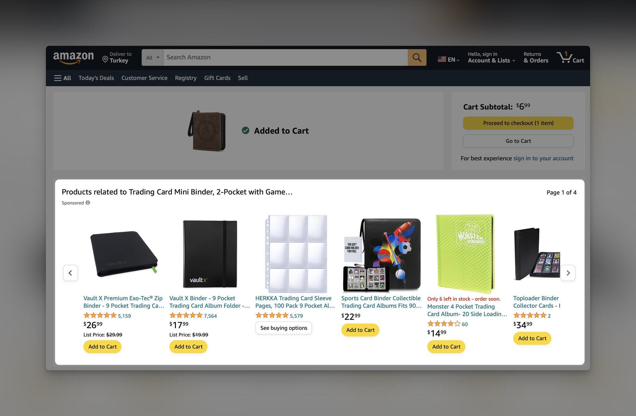 Amazon recommended products section showing related items personalized for a card binder purchase as a win-back recommendation example