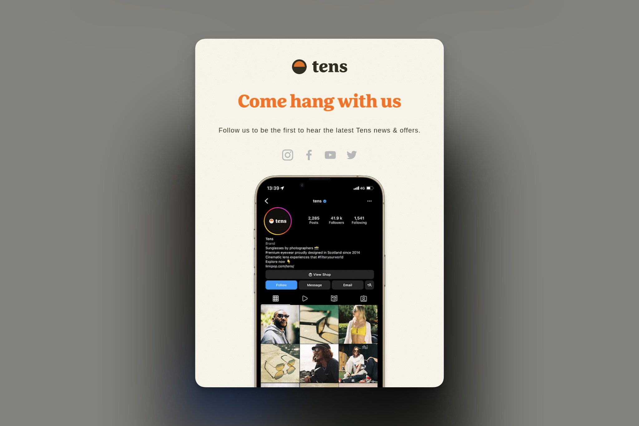 Tens social media email with the headline Come hang with us and a phone mockup showing the Tens Instagram account for win-back reconnection