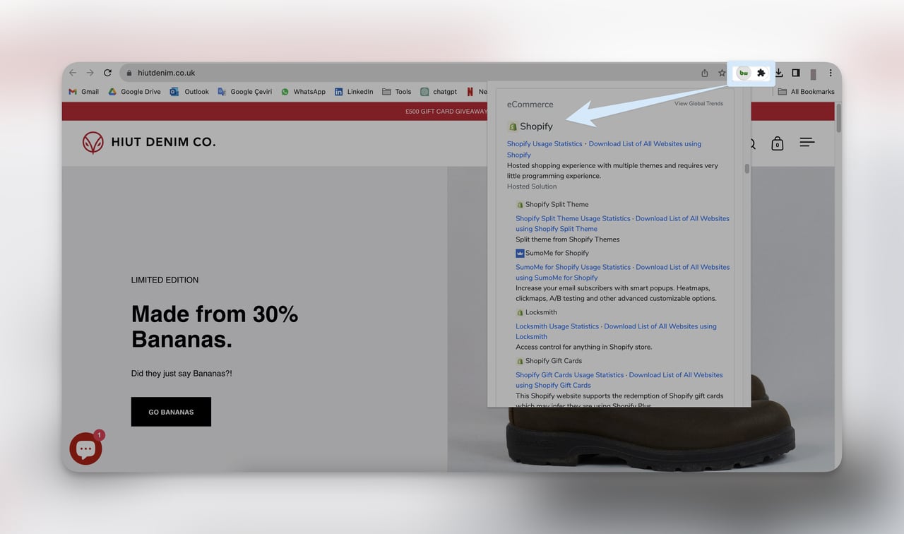 An example image of how to use BuiltWith's chrome extension