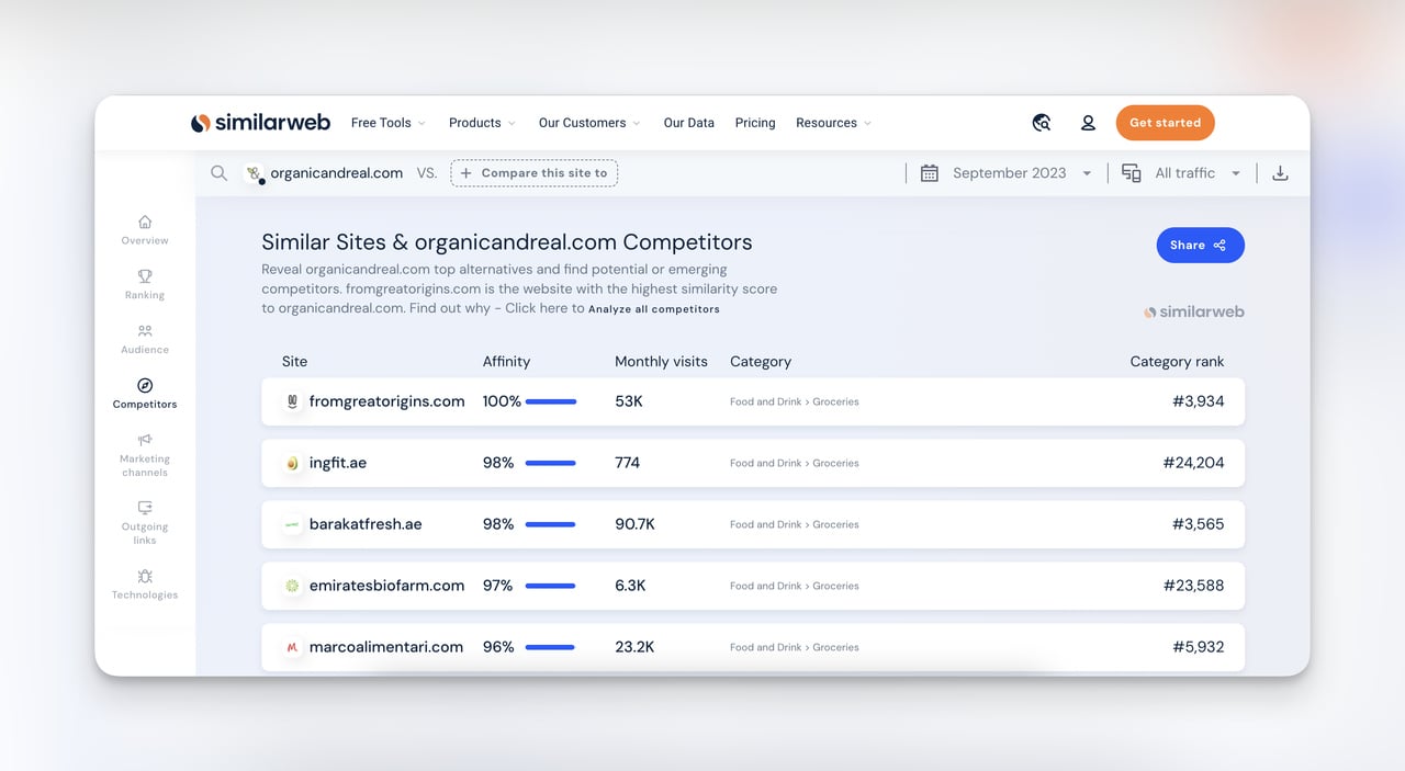 SimilarWeb competitors section showing related e-commerce stores