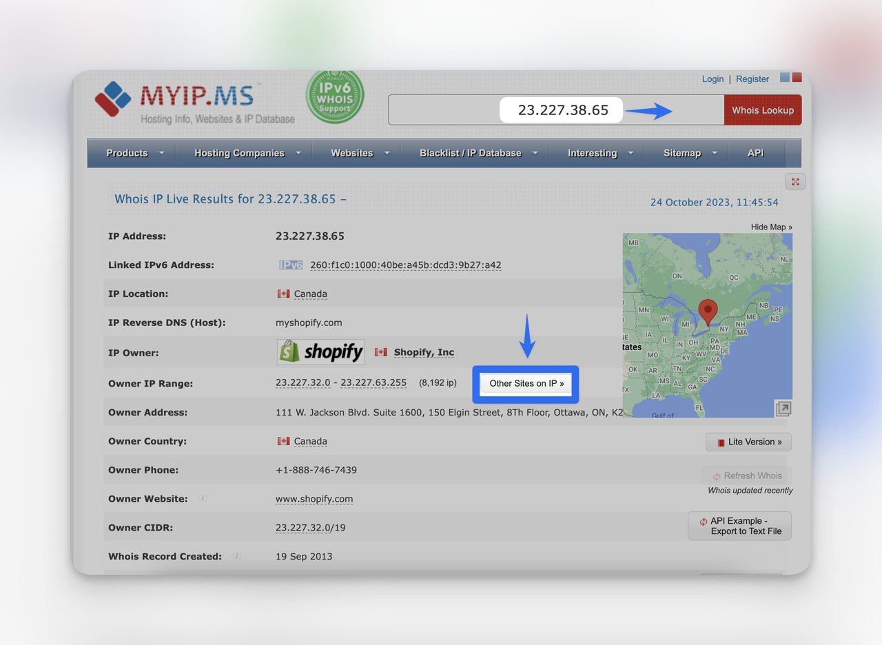 Shopify IP results in the search section on the Myip.ms website