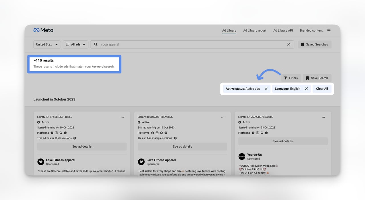 Meta Ad Library results for yoga apparel keyword to find Shopify stores in your niche