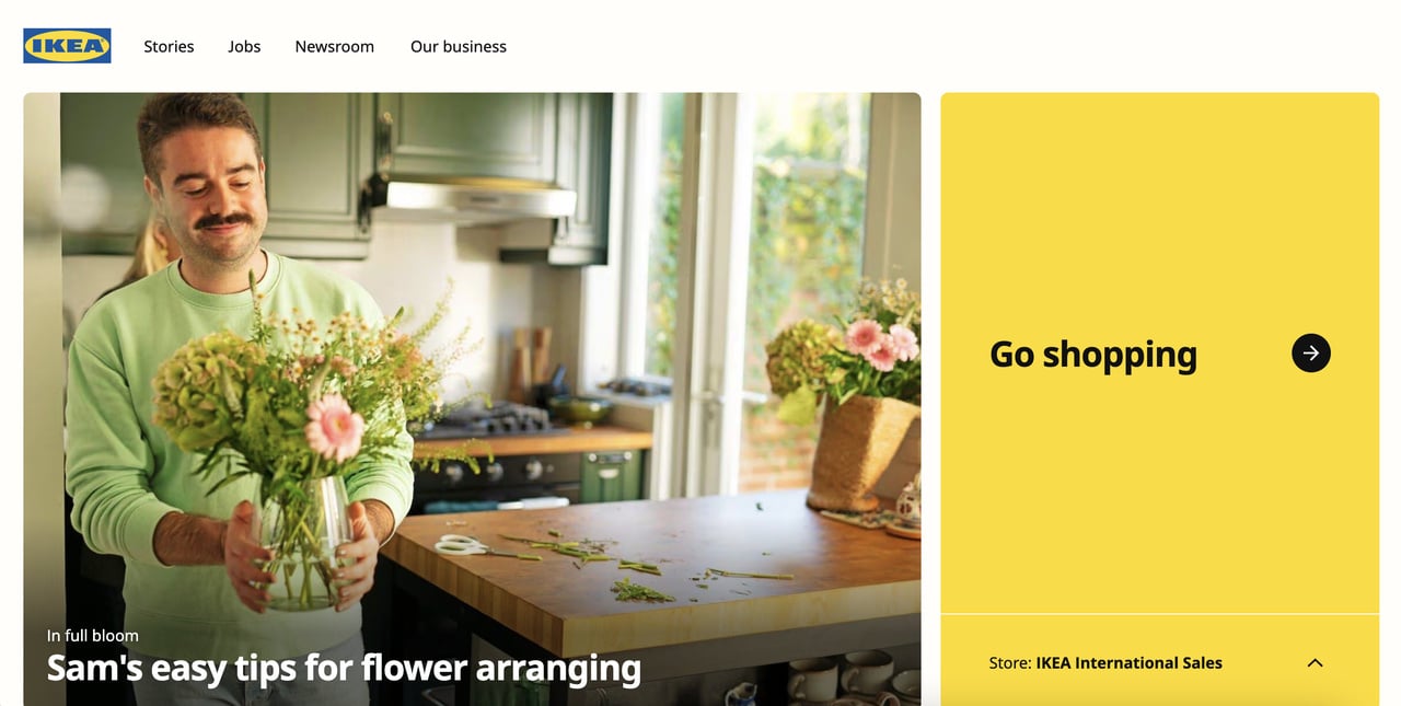 IKEA homepage showing bright yellow Shop Now CTA button with dark text on product background