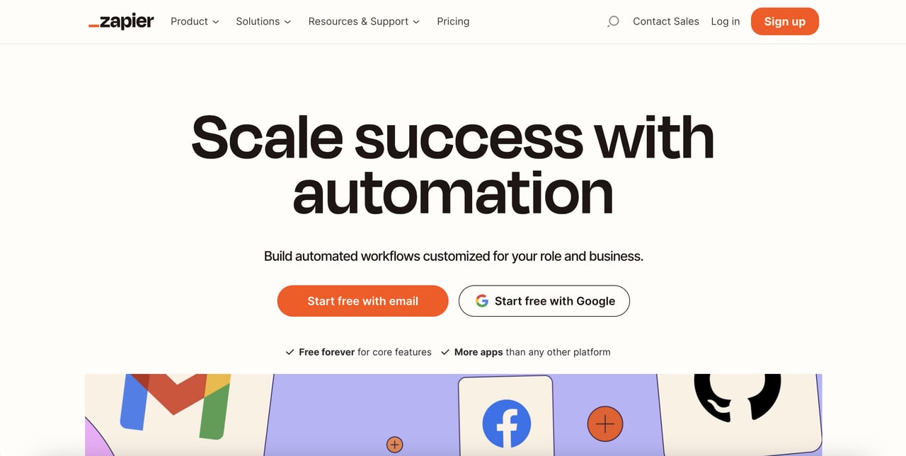 Zapier homepage displaying orange Start Free CTA buttons against white and light gray background