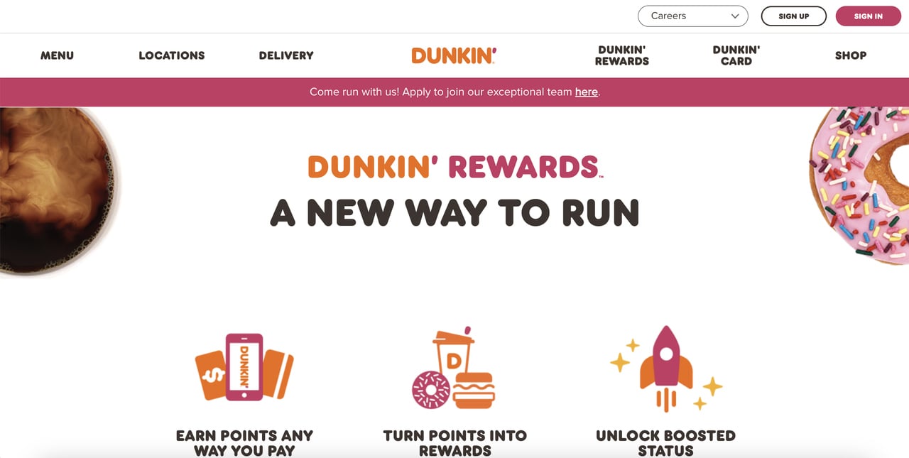 Dunkin Donuts homepage with pink Order Now CTA button alongside donut product imagery