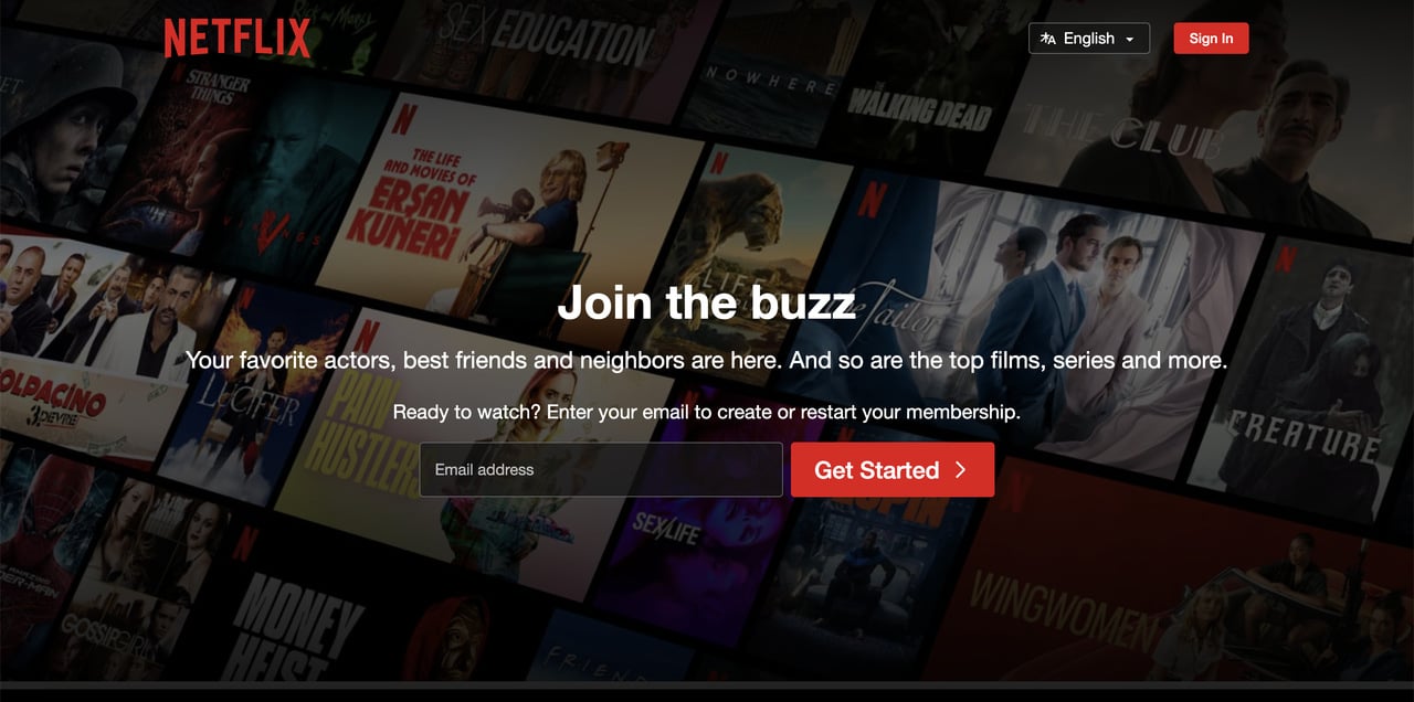 Netflix homepage showing red Get Started CTA button against dark movie poster background