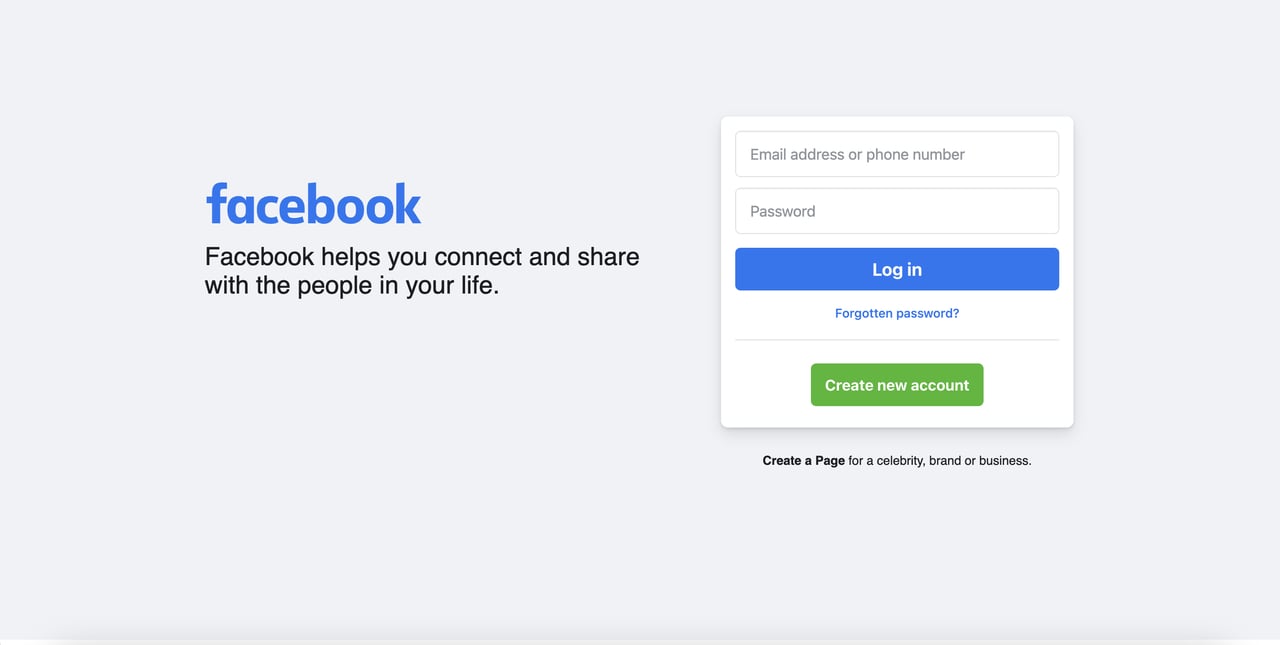 Facebook login page with blue Log In CTA button above secondary action buttons