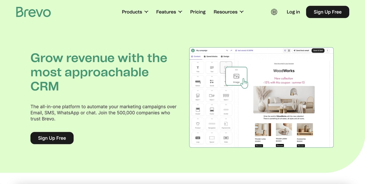 Brevo homepage with black Get Started Free CTA button against green and white brand design