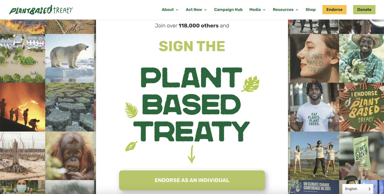 Plant Based Treaty homepage with green Sign the Treaty and Donate CTA buttons